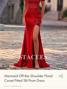 StaceeS Red Mermaid Off-the-Shoulder Corset Prom Dress with High Slit